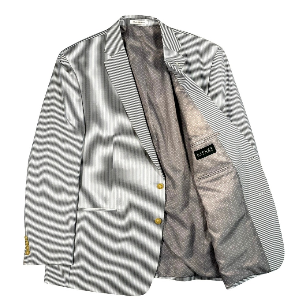 Lauren Ralph Lauren Blue‎ White Striped Seersucker Blazer Sport Coat 48L Coastal